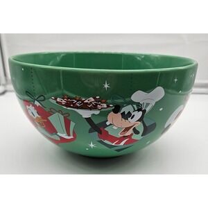 Disney Christmas Serving Bowl Green Mickey Minnie Goofy Donald Holiday Ceramic
